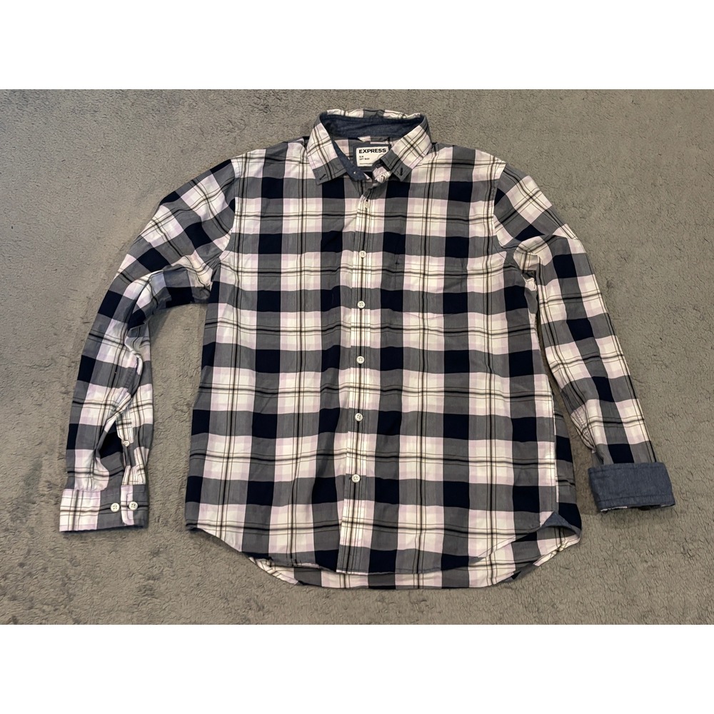 Express Slim Soft Wash Mens Large Plaid Button Up Shirt Navy Purple White